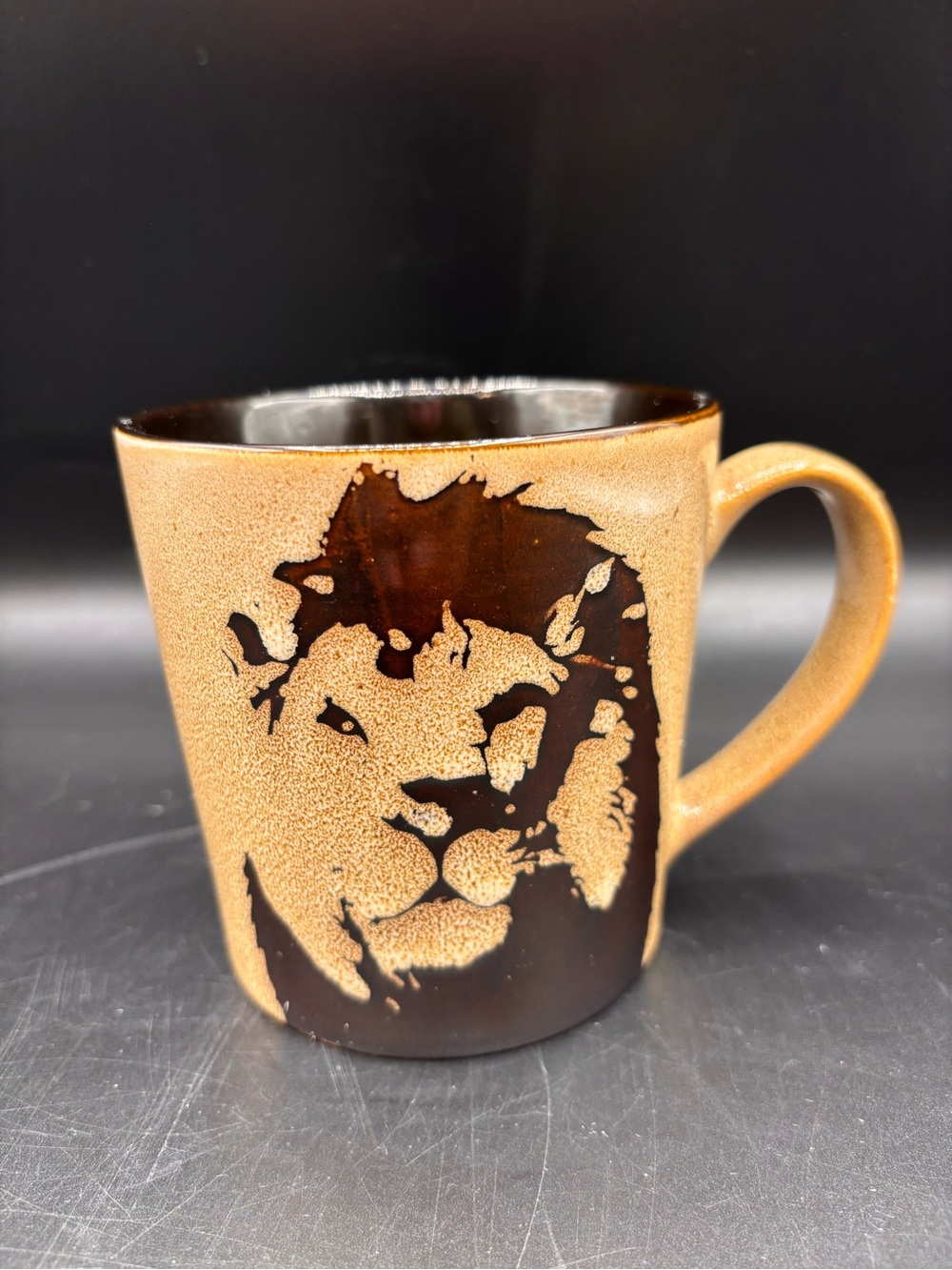 Mug Safari Lion Coffee Tea 4” Tall 5 1/2” Wide Handle Brown Part of Collection